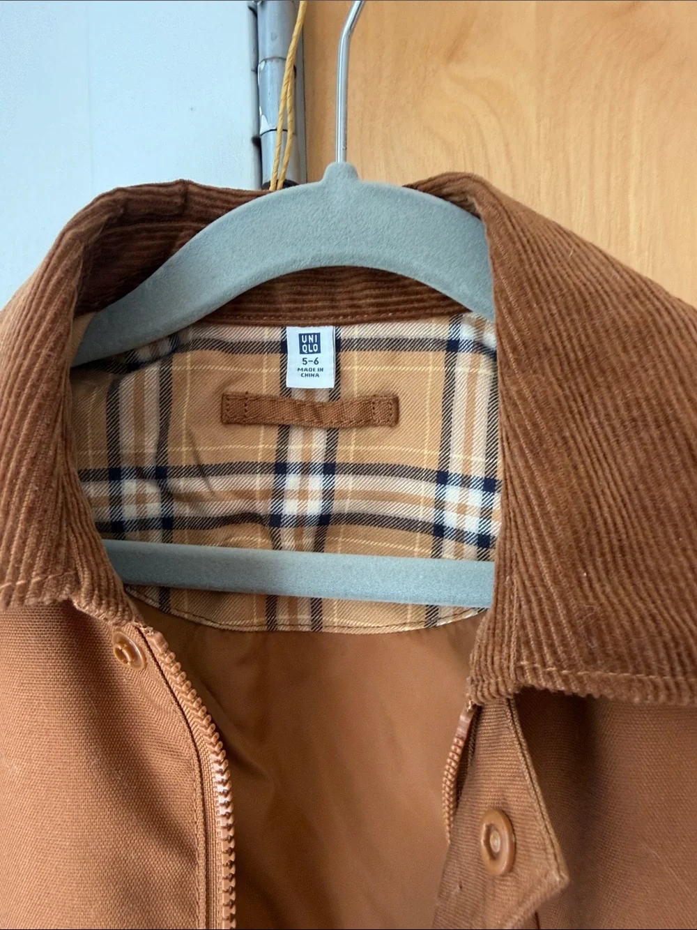 Uniqlo Kids Brown Canvas Jacket with Corduroy Collar, plaid lining